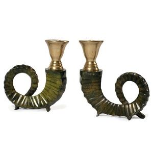 Vintage Pair of 1970s Chapman Brass Horn Candle Holders